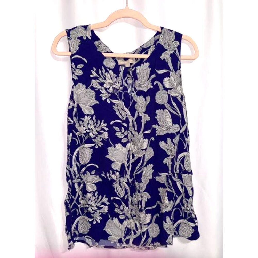 Banana Republic Blue & White Floral Self-Tie Waist Sleeveless Top Women's Lg.
